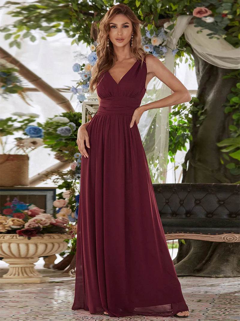 Elegant Double V-Neck Bridesmaid Dress – Floor-Length Maxi Gown - Biamonde